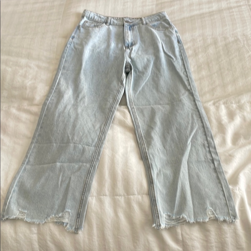 Mable High Rise Mom Jeans Flare Wide Leg Jeans with Frayed Hem